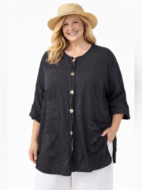 La Fixsun black linen button up top one size lagenlook beach flowy artsy boho